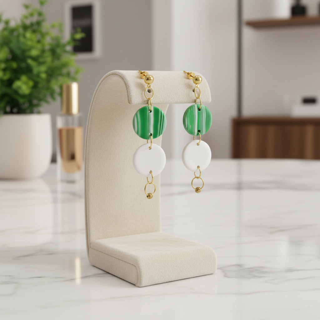 Yeşil & Beyaz Minimal Polimer Kil Dairesel Sallantılı Küpe – El Yapımı, Hafif, Alerji Dostu