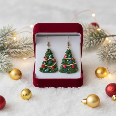 Polimer Kil Yılbaşı Ağaç Küpe – Renkli Süslemeli, Hafif Tasarım