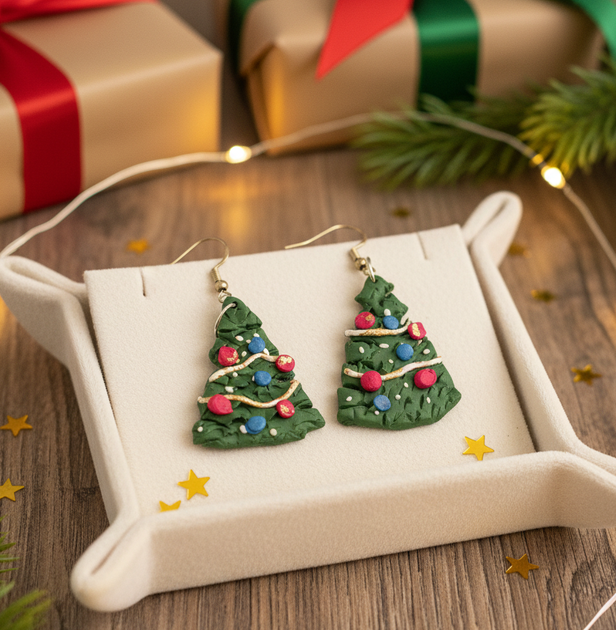 Polimer Kil Yılbaşı Ağaç Küpe – Renkli Süslemeli, Hafif Tasarım