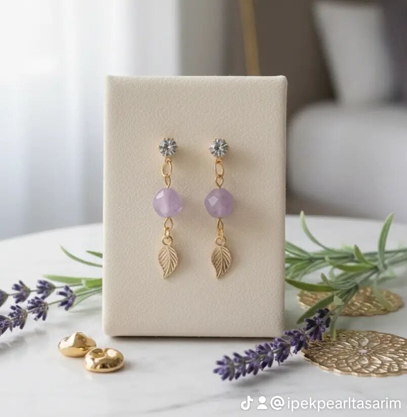 Ametist Taşlı Yaprak Detaylı Zarif Sallantılı Küpe