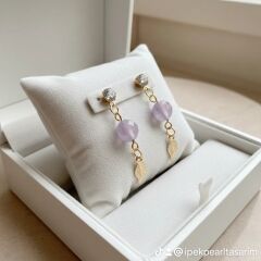 Ametist Taşlı Yaprak Detaylı Zarif Sallantılı Küpe