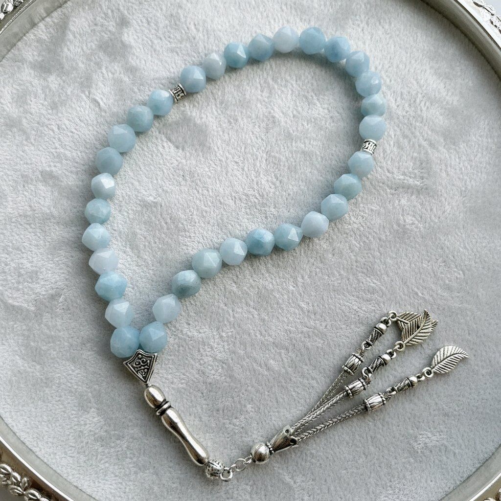 Doğal Aquamarin Taşı Gümüş Detaylı El Yapımı Tesbih 33'lü