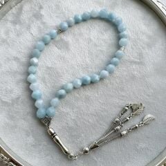 Doğal Aquamarin Taşı Gümüş Detaylı El Yapımı Tesbih 33'lü