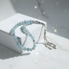 Doğal Aquamarin Taşı Gümüş Detaylı El Yapımı Tesbih 33'lü